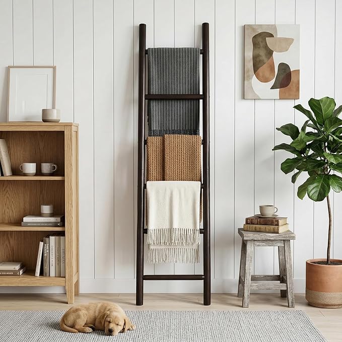 Wooden Blanket Ladder - 76in Natural Wood Color- Leaning Wall Decor for Bedroom, Bathroom, Living Room - Rustic Quilt Holder (Dark Walnut, 76in | Knock Down)