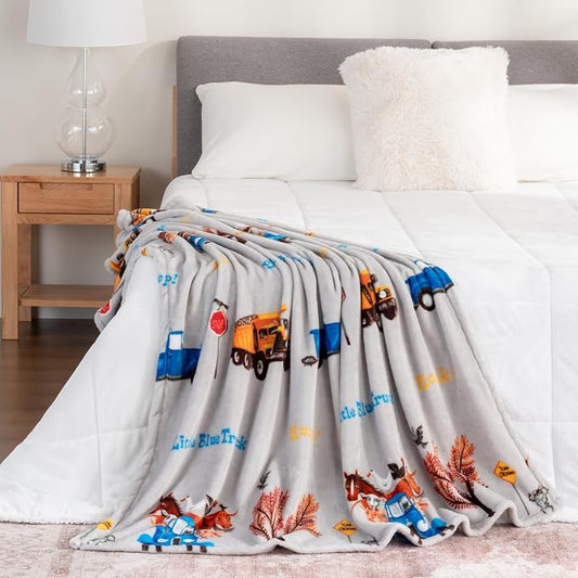 Berkshire Blanket - Officially Licensed Little Blue Truck Kids Throw Made with Signature VelvetLoft® Fabric, Pet-Friendly and Cozy Throw, 50 in x 60 in, Little Blue Truck - Stripe Grey