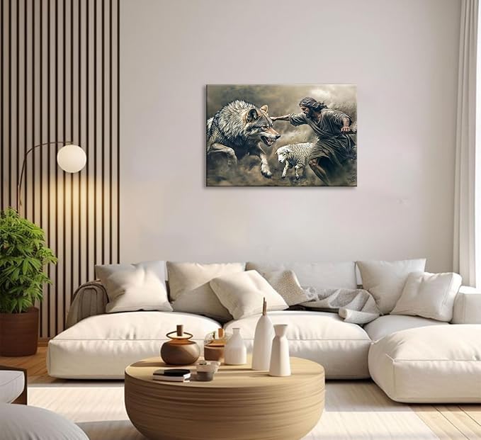 Jesus Saves the Lost Lamb Canvas Wall Art Jesus Lamb Wolf Painting Picture Wall Decor The Shepherd's Protection Wolf Poster Print Artwork Christ Art for Living Room Bedroom Church Home Decoration