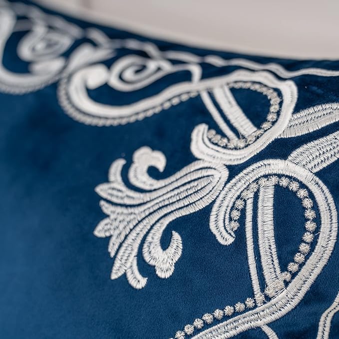 Aeckself European Floral Pillow Cover 18x18 Inch, Luxury Velvet Embroidered Decorative Throw Pillow Cover for Couch Bedroom Living Room, Navy Blue and White