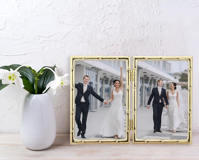 YiPinYin 4x6'' Bamboo Detail Double Photo Frames, Gold Metal Picture 6x4'' Double, Elegant Gold Thin Edge Photo Frames 4 x 6'' With Soft Touch Velvet Backing and Real Glass for Desktop