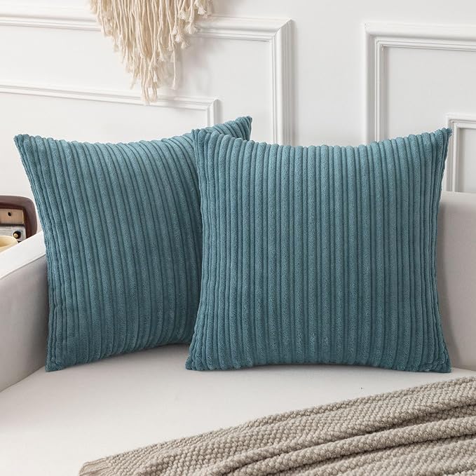 Kevin Textile Striped Corduroy 22”x22” Pillow Covers 2 Pack, Blue Grey