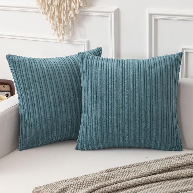 Kevin Textile Striped Corduroy 20”x20” Pillow Covers 2 Pack, Blue Grey