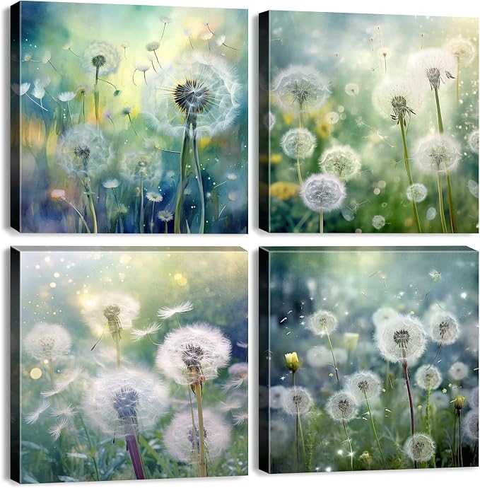 Dandelion Canvas Wall Art Modern Landscape Wall Decor for Bedroom White Dandelion Flower Painting Living Room Bathroom Pictures Natural Scenery Posters Kitchen Dinner Room Home Decoration 16x16" 4 Pcs