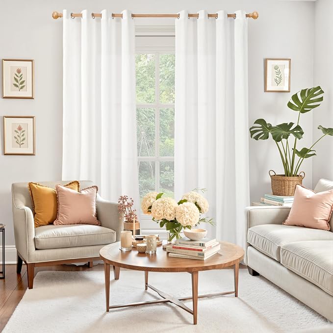 YoungsTex White Linen Light Filtering Curtains 84 Inches Long 2 Panels for Living Room, Lightweight Window Treatments with Grommet Semi Sheer Drapes for Bedroom, 52 X 84 Inch