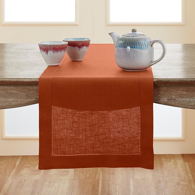 Solino Home 100% Pure Linen Table Runner Cinnamon Hemstitch, 14 x 144 in | Classic Hemstitch, a graceful centrepiece for dining and gatherings, hemstitched border, mitered corners, OEKO-TEX Certified
