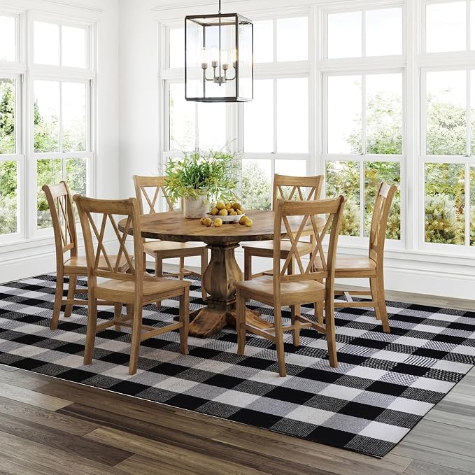 Buffalo Plaid Area Rug 5x7 Ft, Black White Indoor Outdoor Rug | Washable Cotton, Black White Checkered, Layering Rug, Front Porch Entryway, Kitchen Patio Decor