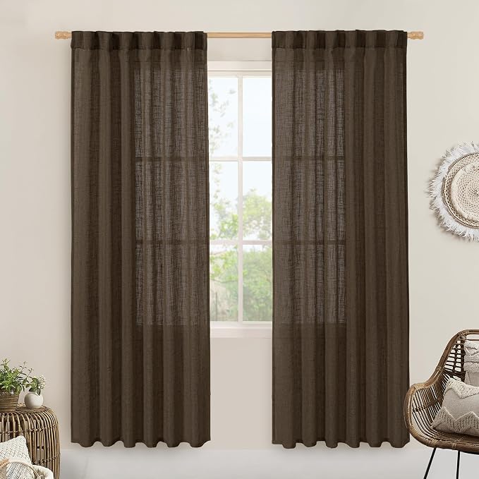 Dark Brown Sheer Linen Curtains, Light Filtering Drapes 2 Panels | 80 inch Semi Sheer Panels, Farmhouse Curtains for Bedroom, Living Room, Window Treatment, Rod Pocket Back Tab, 52 x 80 Inch
