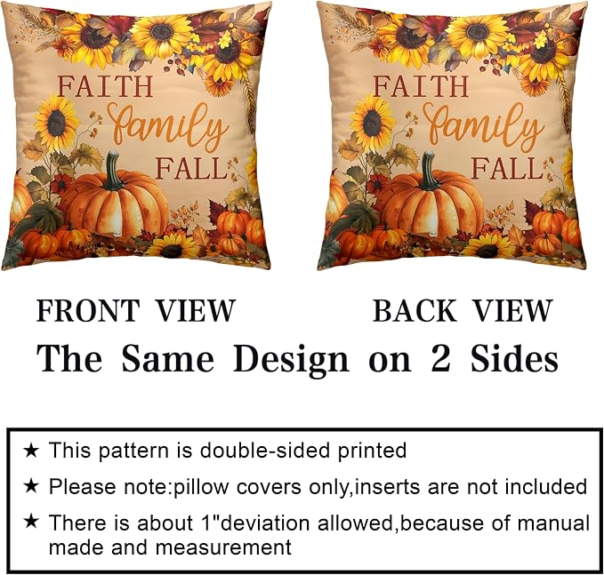 Fall Pillow Covers Pumpkin Sunflower Throw Pillow Covers Autumn Thanksgiving Harvest Pillow Case 18x18 Set of 2 Double Sided Printing Cushion Case for Couch Sofa