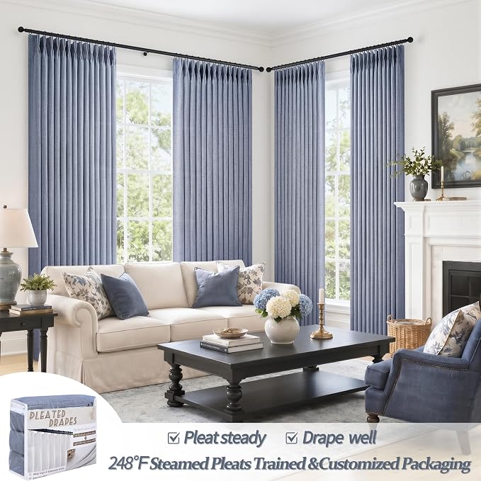 Sheer Linen Pinch Pleated Light Filtering Greyish Blue 90 Inch Curtains