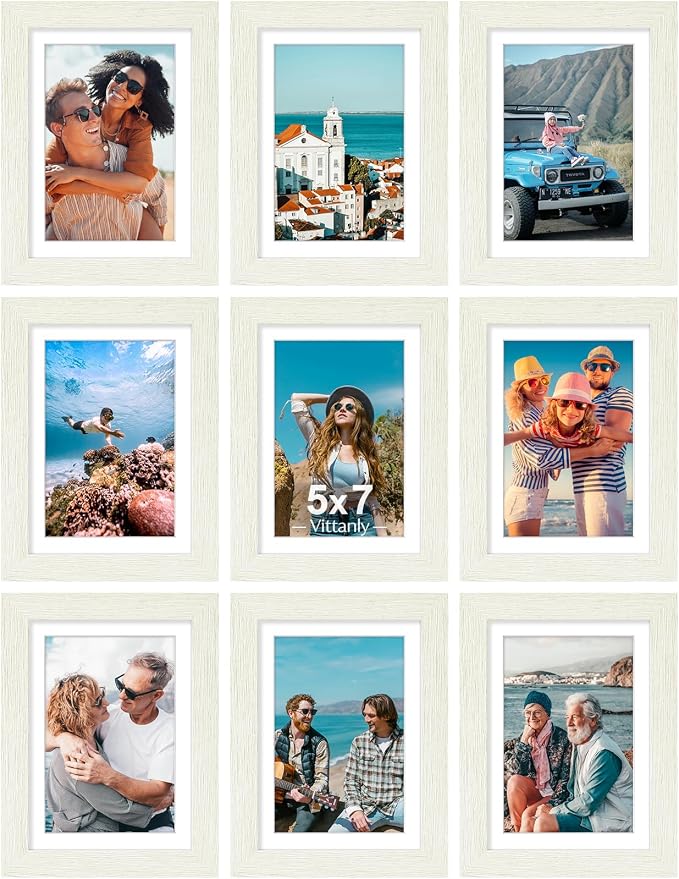 Vittanly 5x7 Picture Frames Set of 9 for Wall Mount or Tabletop, Whitemist | Display Pictures 4x6 with Mat or 5x7 without Mat, Small Photo Frames, Engineered Wood with Shatter Resistant Plexiglass