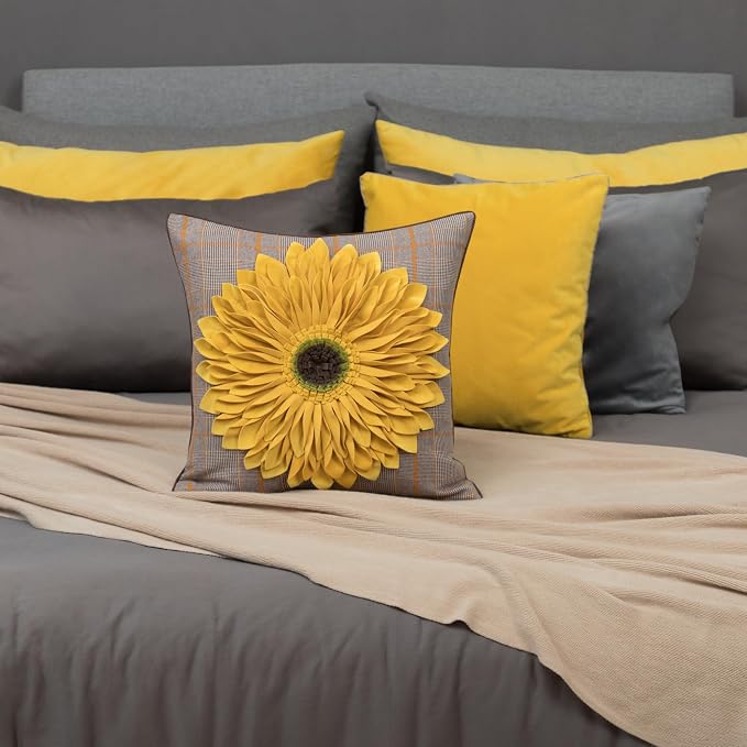 OiseauVoler 3D Sunflower Throw Pillow Covers Yellow Plaid 18 x 18 Inch | Handmade Decorative Pillowcases Gingham Yellow Vintage Floral for Home Bed Living Room Decor Dog Hair Resistant Indoor