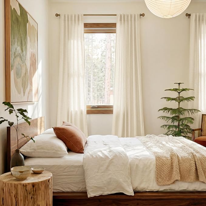 NICETOWN Linen Beige Curtains 102 inchesLong for Bedroom, Rod Pocket & Back Tab Privacy Added with Light Filtering Thick Flax Semi Sheer Window Treatments for Living Room, W55 x L102, 2 Panels