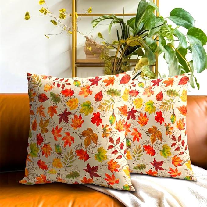 Autumn Leaves Throw Pillow Covers 16x16 inch Set of 2 Fall Maple Leaf Wild Plant Pillow Cases Thanksgiving Seasonal Farmhouse Outdoor Decor Cushion Cover for Home Porch Sofa