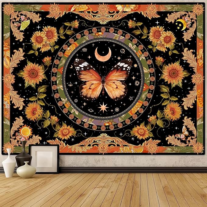 Accnicc Butterfly Floral Tapestry Vintage Indie Boho Flower Tapestries for Bedroom Aesthetic Retro Yellow Sunflower Moth Tapestry Wall Hanging for Dorm Living Room (48'' × 36'')