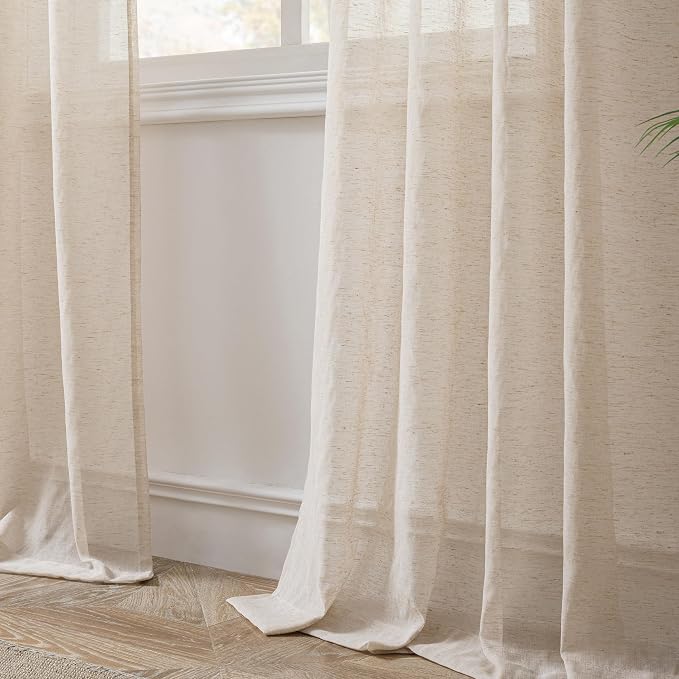 FMFUNCTEX Taupe Linen Sheer Curtains, 96 Inches, 2 Panels for Bedroom | Brown Semi Sheer Drapes, Flax Linen, Rod Pocket, Light Filtering, Farmhouse French, Kitchen, Privacy, for Living Room