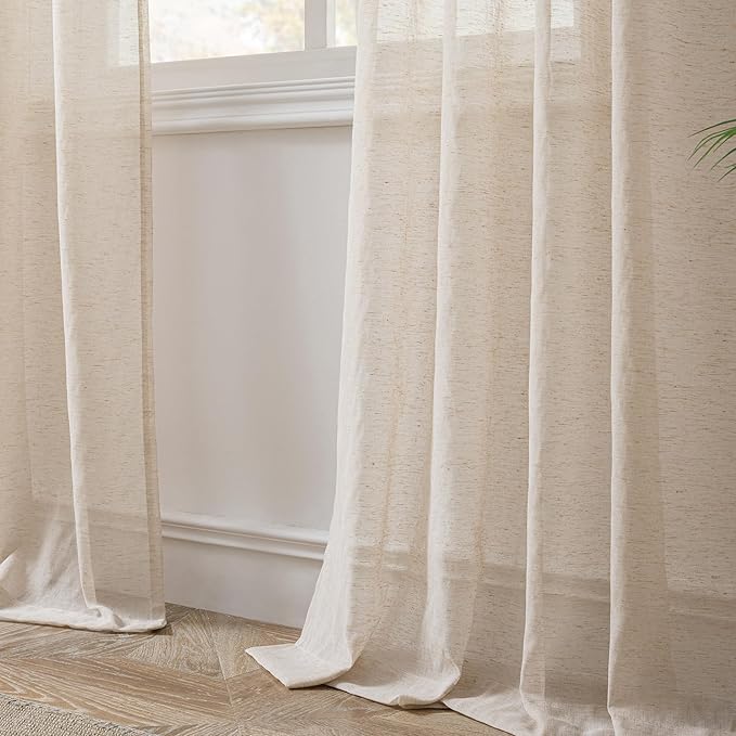 FMFUNCTEX Taupe Linen Sheer Curtains, 84 Inches, 2 Panels for Bedroom | Brown Semi Sheer Drapes, Flax Linen, Rod Pocket, Light Filtering, Farmhouse French, Kitchen, Privacy, for Living Room