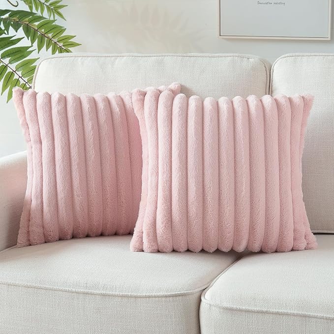 Soleebee Set of 2 Throw Pillow Covers Soft Cozy Velvet Pillowcase Faux Rabbit Fur Cover for Couch Sofa Bed Chair Home Decorative Pillows Cover (18x18 Inch, Blush Pink)
