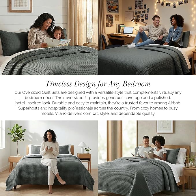 Southshore Fine Living, Inc. Oversized Quilt King Size Set, Grey Bed Spread King Size with 2 Matching Pillow Shams, Microfiber Quilted Bed Coverlet, Bedspread Set, Slate Grey Quilt