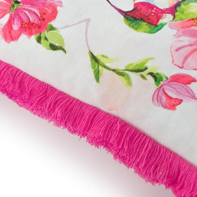 JWH Hot Pink Flower Print Pillow Cover Decorative Love Birds Accent Cushion Lumbar Pillowcase with Hummingbirds and Fringe for Home Couch Car Bed Living Room Chair 14x20 Inches Beige
