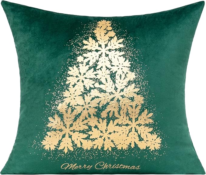 All Smiles Dark Green Gold Christmas Decorations Throw Pillow Covers Cases 18X18 Set of 4 Winter Xmas Indoor Home Décor Ornaments Velvet Navidad Cushion for Sofa Christmas Tree Snowflake Reindeer