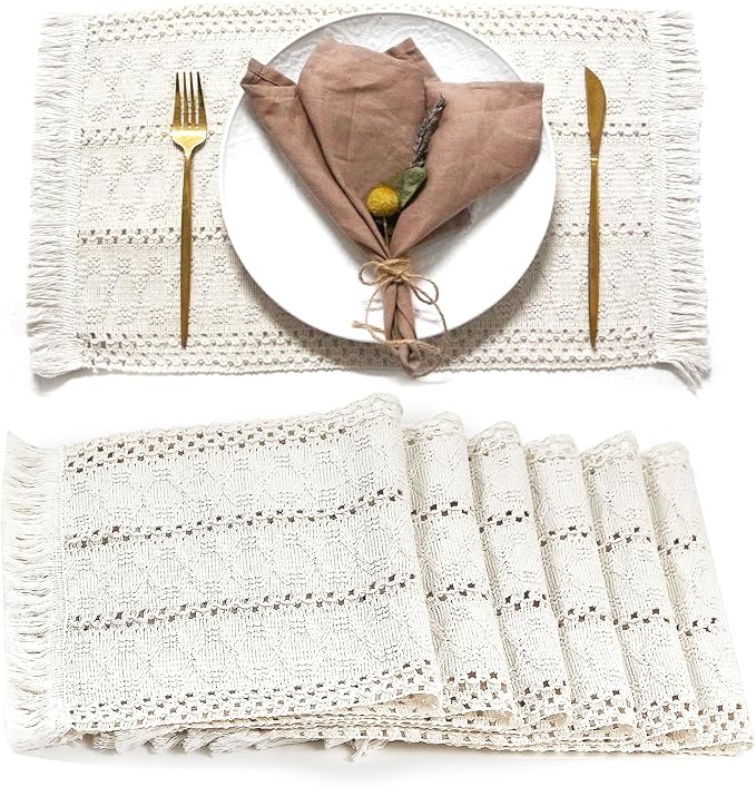 FEXIA Beige Boho Placemats Set of 6 Table Mats Farmhouse Home Dining Decor | 12x20" Place Mat Set of 6 Macrame Table Decor Farmhouse Burlap Placemats for Home Dining Table Centerpiece Home Decorations