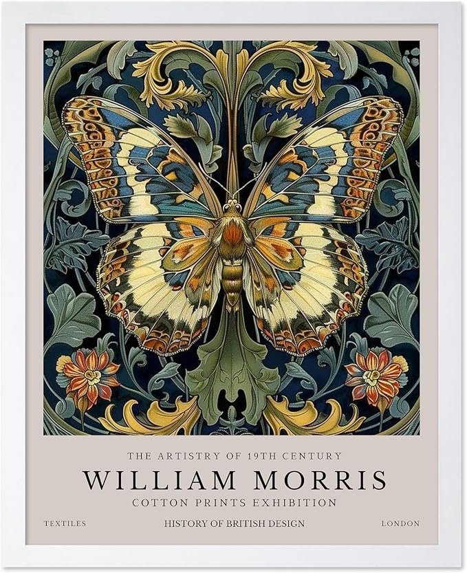 Monem Art William Morris - Butterfly and Flowers Print - Botanical Artwork - Exhibition Art - Floral Design - Textile Illustration - Animal Art - Aesthetic Bedroom or Office Decor - 16x20 White Framed