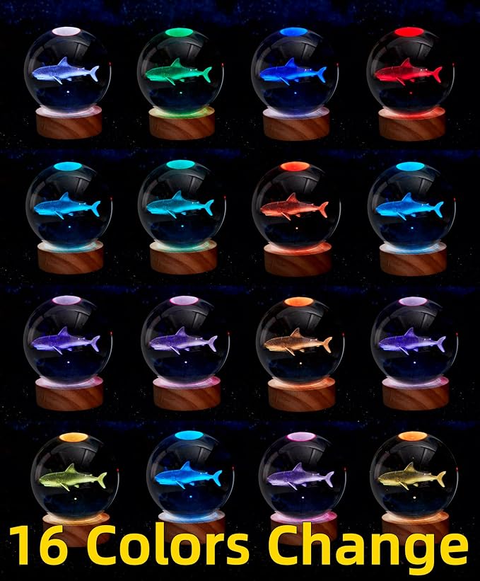3D Shark Crystal Ball Lamp, 3.15 Inch Shark Crystal Ball Night Light with 16 Colors LED Wooden Base, Remote Control, Gift Box Packaging, Home Decor Gift for Friends