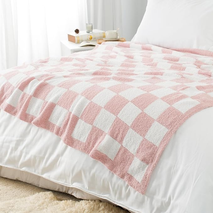 Carriediosa Checkered Throw Blanket 50x60, 400GSM Ultra Soft Microfiber | Dusty Pink, Fuzzy Fluffy Cozy Plush Knit Knitted Plaid Checker, Lightweight Cute Preppy Fall Blankets & Throws for Couch, Bed