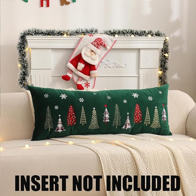 Christmas Embroidery Throw Pillow Covers 14 x 36 inch Christmas Dec Velvet Pillowcases Forest Green Xmas Tree Cushion Pillow Cases Soft Lumbar Holiday Pillowcase(1 Piece)