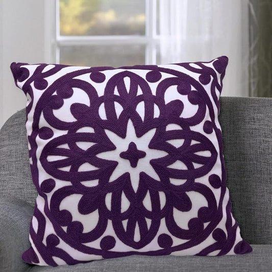 Alysheer Embroidered Decorative Throw Pillow Cover 20"x 20", Boho Mandala Modern Thick Embroidery Pattern, Durable Cotton Canvas Soft Cushion Case for Sofa Couch Bed Living Room (Dark Purple)