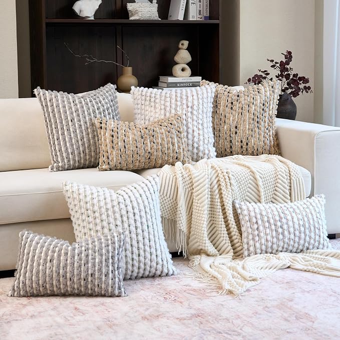 Aeckself Handmade Boho Chenille Tufted Pillow Cover 18x18 Inch, Decorative Square Throw Pillow Cover Neutral Pillowcase for Couch Bedroom Living Room, Grey White