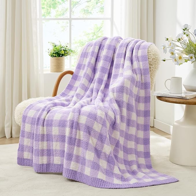 Snuggle Sac Checkered Throw Blanket for Couch, Super Soft Cozy Warm Knit Netural Decorative Fluffy Blankets, Reversible Buffalo Plaid Microfiber Throws for Sofa Bed, Plaid Purple, 50x60 Inches