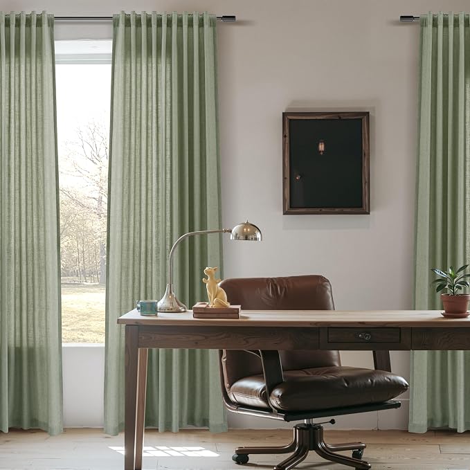 Extra Long Linen Curtains 102 Inches for Living Room Back Tab Semi Sheer Floor to Ceiling Light Filtering Curtain Boho Farmhouse Decor Window Drapes for Bedroom 2 Panels Light Sage