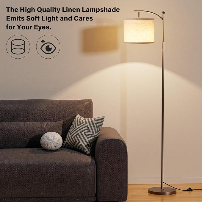 Ambimall 60" Floor Lamp for Living Room with 3 Color Temperatures, Adjustable Beige Shade with Brown Pole, Tall Lamp for Bedroom Office Classroom Dorm Room, 9W Bulb Included