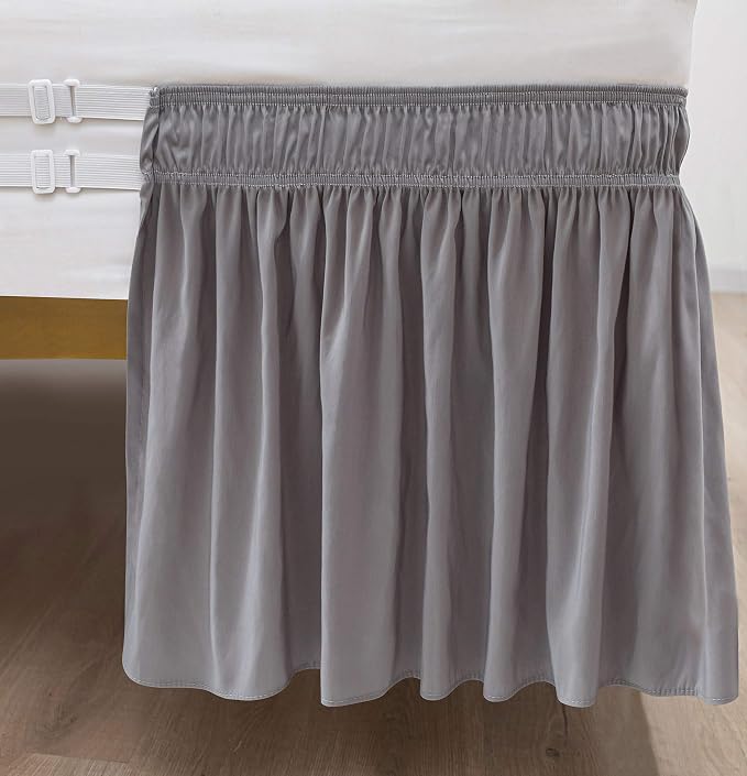 Wrap Around Queen Size Bed Skirt Split Corner 12" Drop-Elastic Dust Ruffle | Silver Grey Adjustable Pleated Bedskirt-Easy Fit Wrinkle Resistant Washable Bed Skirting-Master Guest Bedroom Rental Hotels