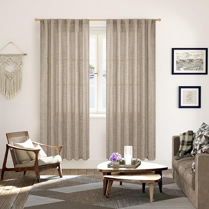 Dark Oatmeal Linen Semi Sheer Curtains 78 Inch Length for Living Room | Tan Light Filtering Drapes with Rod Pocket Back Tab Curtain for Dining Office Bedroom Window, 2 Panels, 52 X 78 Inch
