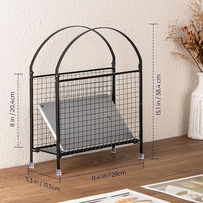 PUERSI Freestanding Magazine Holder, Metal Magazine Rack Floor Stand | Modern Touch Handbag Design, for Magazine, Newspaper, Books, Vinyl Record (Black)
