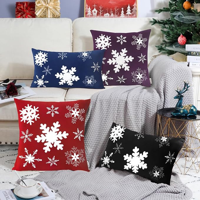 BRAWARM Christmas Pillow Cover 20 X 20 Inches, Purple Snowflake Embroidered Pillow Cover, Soft Velvet Decorative Throw Pillow for Couch Bed Sofa Living Room Home