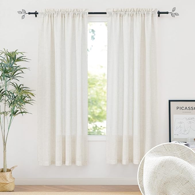 RYB HOME Linen Curtains 72 inches Long for Living Room | Linen Textured Blend, Privacy Sheer, Shabby Chic Window Treatment, Light Filtering, Rod Pocket, W52 x L72, 2 Pcs