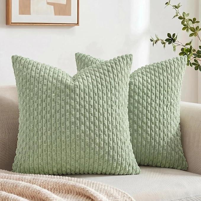 Fancy Homi 2 Packs Sage Green Decorative Throw Pillow Covers 24x24 Inch for Couch Bed Sofa, Modern Farmhouse Boho Home Decor, Soft Cute Plush Corduroy Cushion Case 60x60 CM