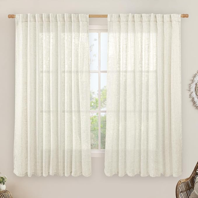 Light Filtering Natural Linen Curtains 63 inches Long 70 x 63 Inch | Ivory Cream, Linen Textured, Semi Sheer, Boho Drapes for Bedroom, Living Room, Window, Rod Pocket Back Tab, 2 Panels