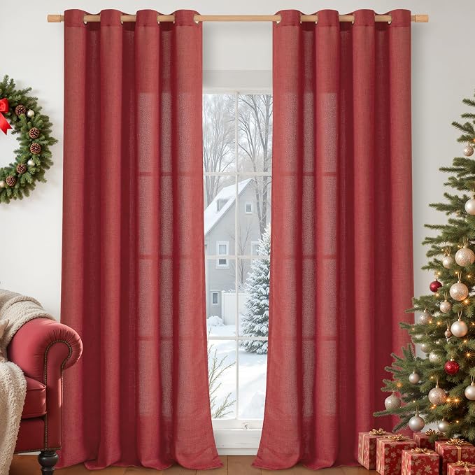 YoungsTex Burgundy Red Linen Curtains 102 Inch Length for Living Room, Light Filtering Semi Sheer Drapes with Bronze Grommet Privacy for Bedroom Windows, 52 x 102 Inch, 2 Panels