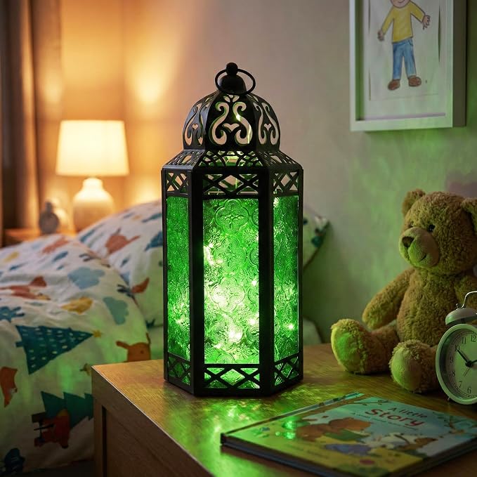 Vela Lanterns Decorative Indoor Fairy Light Candle Holder, Green, L | Fantasy Moroccan Lamp, Enchanted Forest Decor, Green Halloween & St Patricks Day, Metal Hanging Flameless LED, 12" Tall
