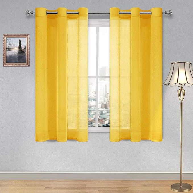 DWCN Yellow Faux Linen Sheer Curtains - Grommet Voile Window Curtain Drapes for Bedroom Living Room 46 x 45 inch Length, Set of 2
