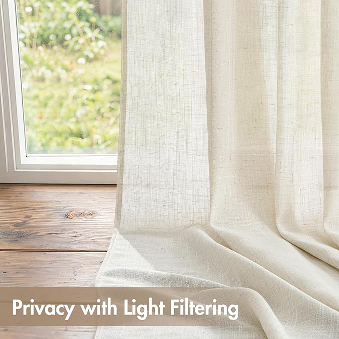 MIULEE Natural Back Tab Linen Curtains 4 Panels 42W x 63L | Linen material, light filtering, rod pocket back tab hanging, farmhouse decor for living room bedroom