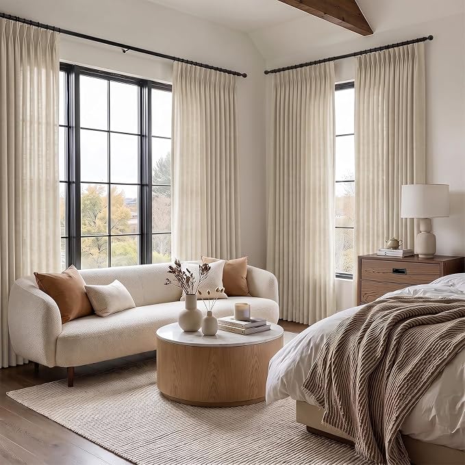 Birch Pinch Pleated Sheer Linen Blend Curtains 96 Inch for Living Room | Light Filtering Semi Sheer, Pinch Pleat, Hook Rings, Non See Through, Memory Shape, W40xL96, 2 Panels, Burlywood Birch
