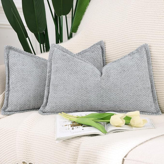 MADIZZ Decorative Chenille Velvet Throw Pillow Covers Set of 2 Soft Boho Textured Neutral Couch Throw Pillow for Bed Modern Farmhouse Home Decor for Sofa Livingroom Grey 12x20 Inch