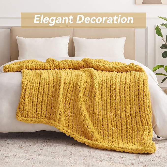 Negwoo Chunky Knit Throw Blanket, Knitted Throw Chenille Yarn, 40"*50" | Soft Thick Cable Knitted Blankets, Handmade Big Thick Blanket, Machine Washable Cute Comfy Blanket for Home Decor, Yellow