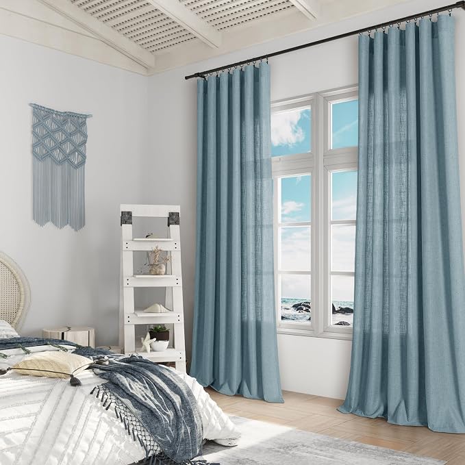 Blue Linen Curtains 120 Inch Length for Living Room Bedroom 2 Panels Set Rod Pocket Light Filtering Semi Sheer Window Curtains 52 Inch Width Boho Farmhouse Linen Drapes Dusty Blue, W52xL120